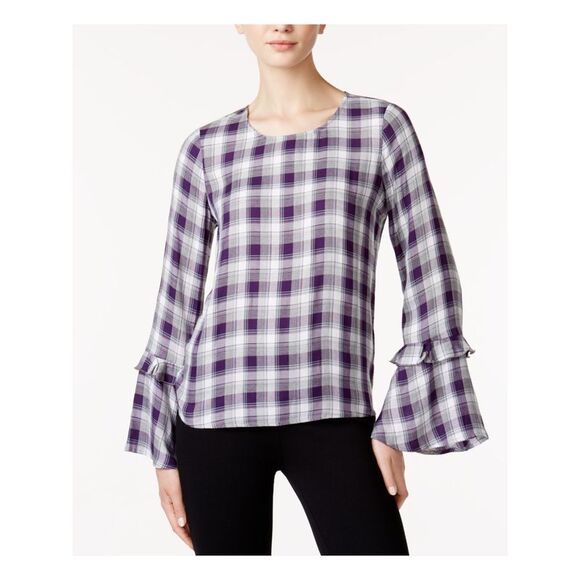 MAISON JULES Tops - MAISON JULES Womens Purple Plaid Bell Sleeve Jewel Neck Blouse Size: XXS